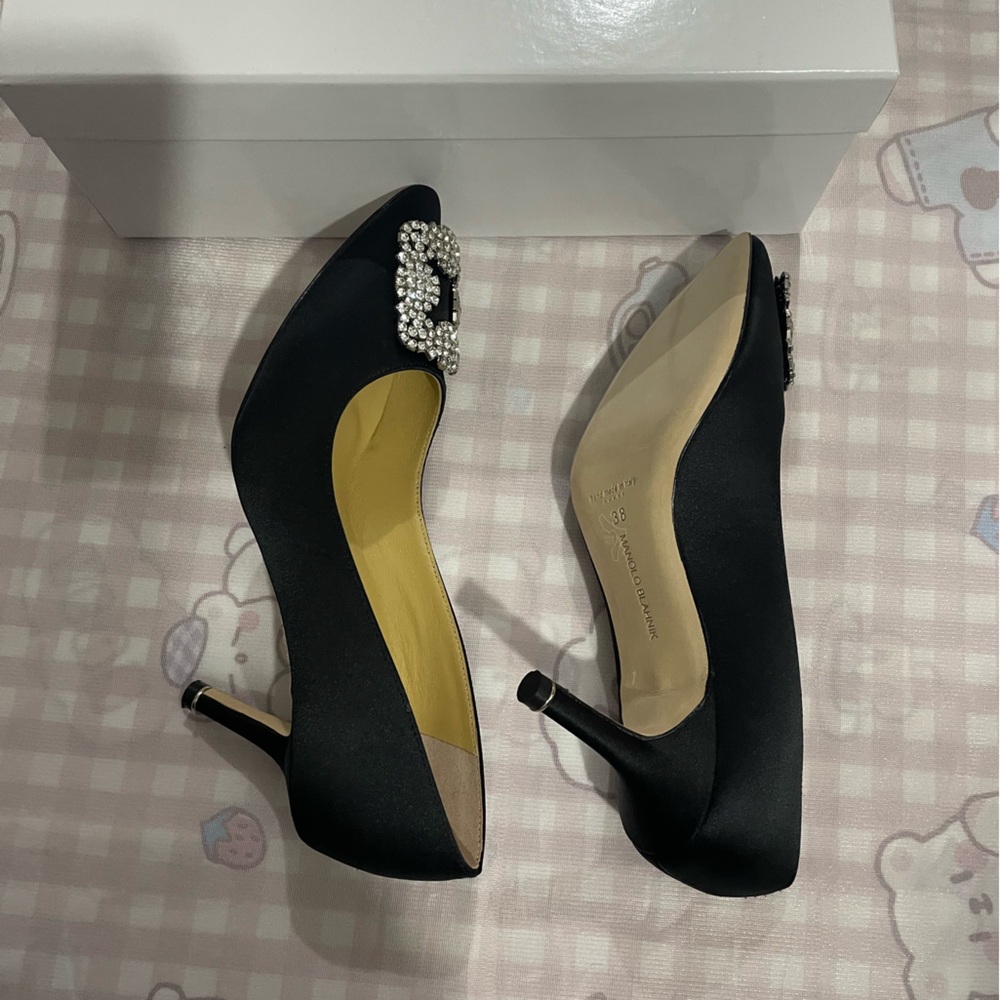 Manolo Blahnik Black Satin Pointed Pumps with Crystal Buckles - Picture 7 of 8